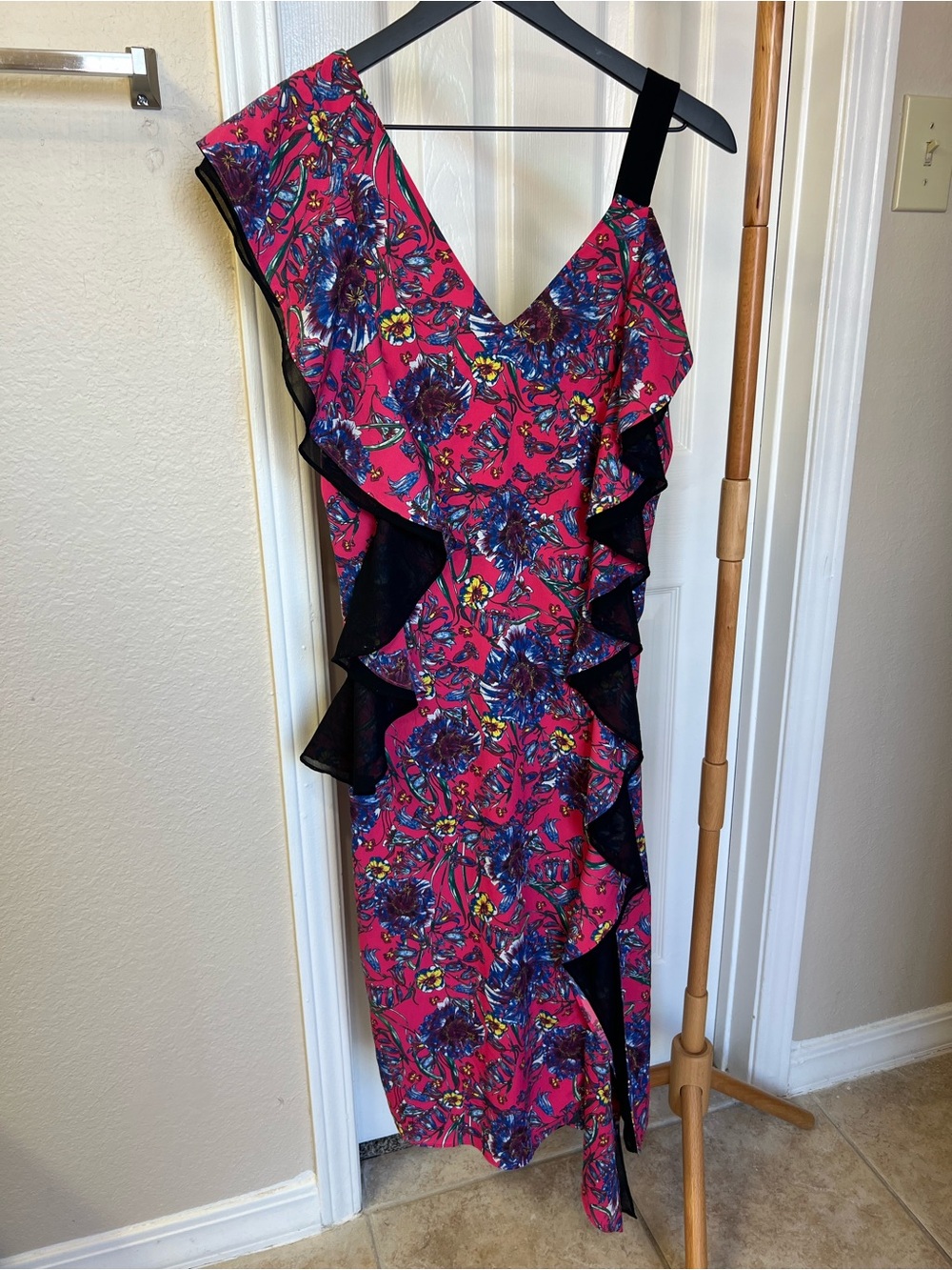 Prabal Gurung Fuchsia Floral Ruffle Midi Dress with Blue & Black Accents